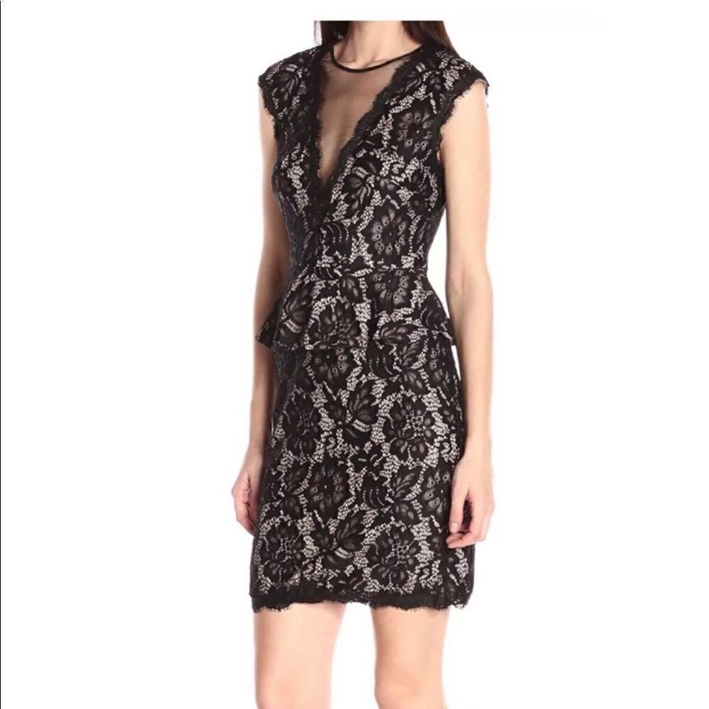 Betsy & Adam Black Lace Open Back Peplum Dress Size 2
